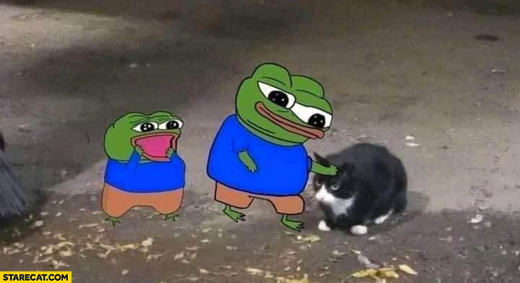 Happy Pepe the frog petting cat