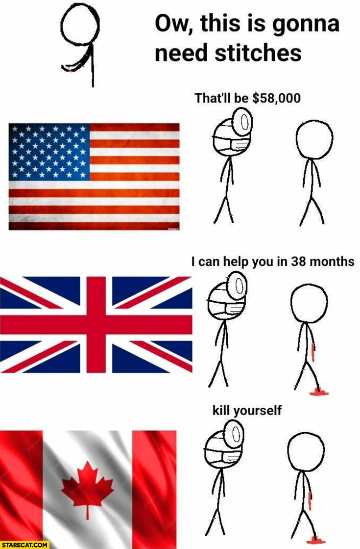 Healthcare standards quality comparison: ow this gonna need stitches. USA: that will be 58k, Great Britain: I can help you in 38 months, Canada kill yourself
