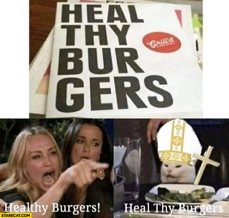 Healthy burgers no heal thy burgers cat meme pope