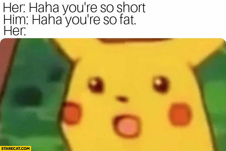 Her: haha you’re so short, him: haha you’re so fat, her: shocked suprised Pikachu