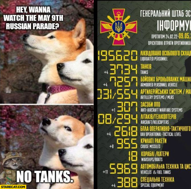 Hey wanna watch the may 9th russian parade? No tanks dog dogs list of equipment