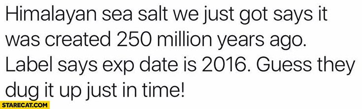Himalayan sea salt we just got says it was created 250 million years ago. Label says exp date is 2016, guess they dug it up just in time!