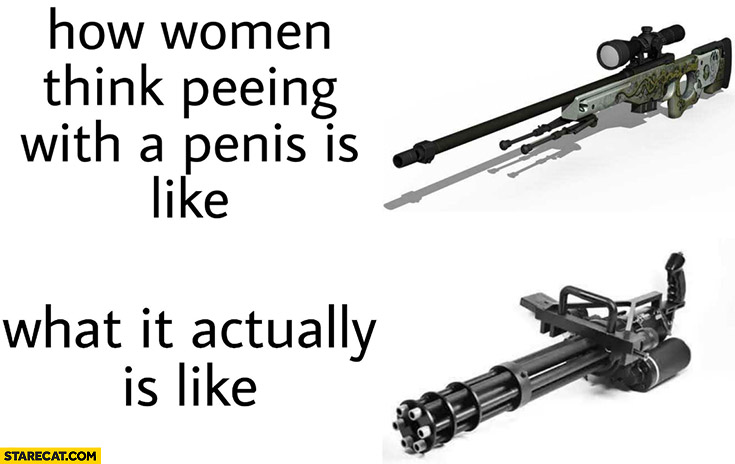 How women think peeing with a penis is like sniper rifle vs what it actually is like minigun