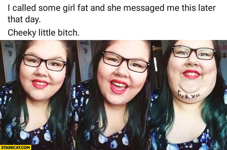 I called some girl fat and she messaged me this later that day. Cheeky little bitch written on chin