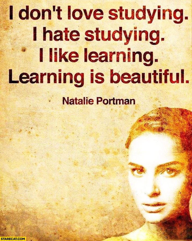 I don’t love studying, I hate studying. I like learning, learning is beautiful. Natalie Portman