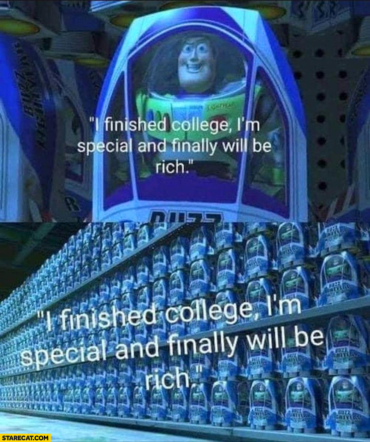 I finished college I’m special and finally will be reach Buzz Lightyear shop full of identical toys toy story