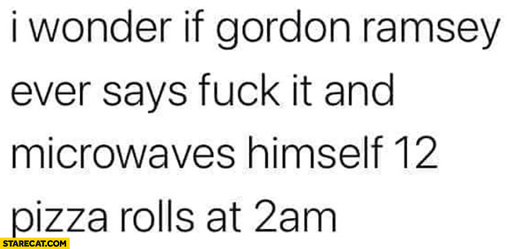 I wonder if Gordon Ramsay ever swears and microwaves himself 12 pizza rolls at 2 am