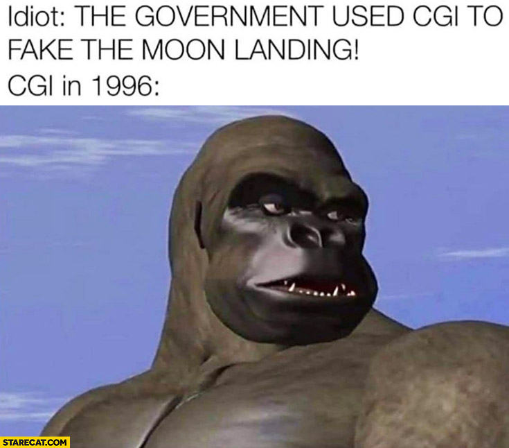 Idiot the government used CGI to fake the moon landing, CGI in 1996 low resolution Gorilla