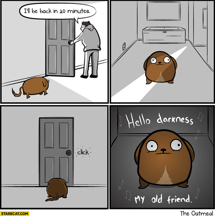 I’ll be back in 20 minutes dog left alone hello darkness my old friend comic