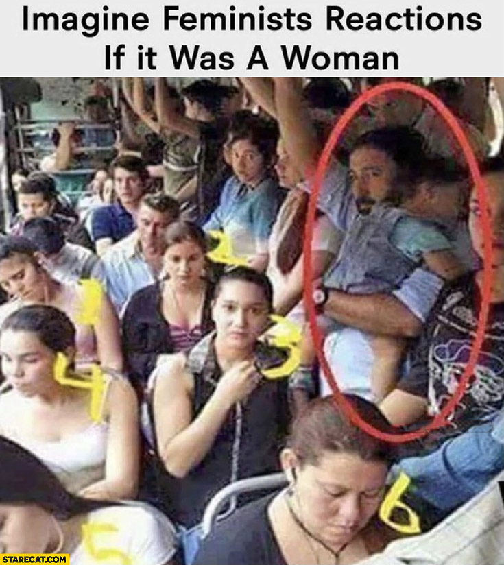 Imagine feminists reactions if it was a woman man standing with a baby while women are sitting