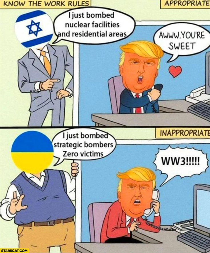 Israel: I just bombed residential areas, Trump: sweet. Ukraine: bombed strategic bombers, Trump: World War 3