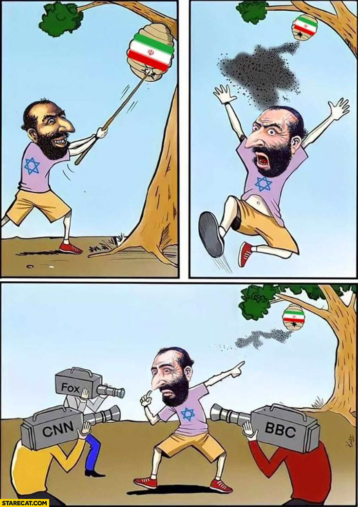 Israeli mess with wasp nest Iran attacks crying in tv comic