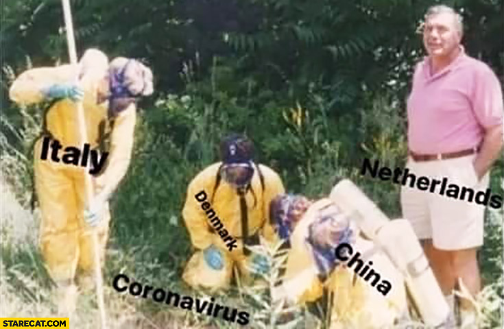 Italy, Denmark, China around coronavirus in protective uniforms Netherlands in casual clothes