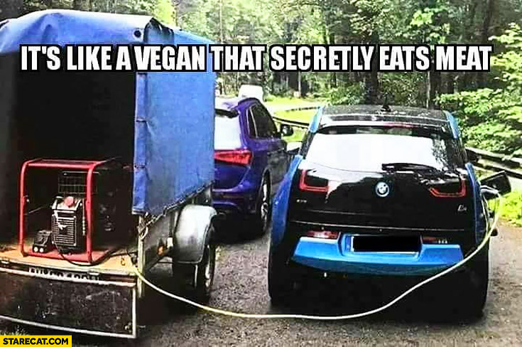 It’s like a vegan that secretly eats meat electric BMW i3 charged powered from a diesel generator