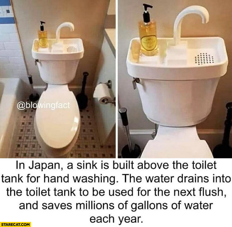Japan sink built above the toilet tank for hand washing saves water
