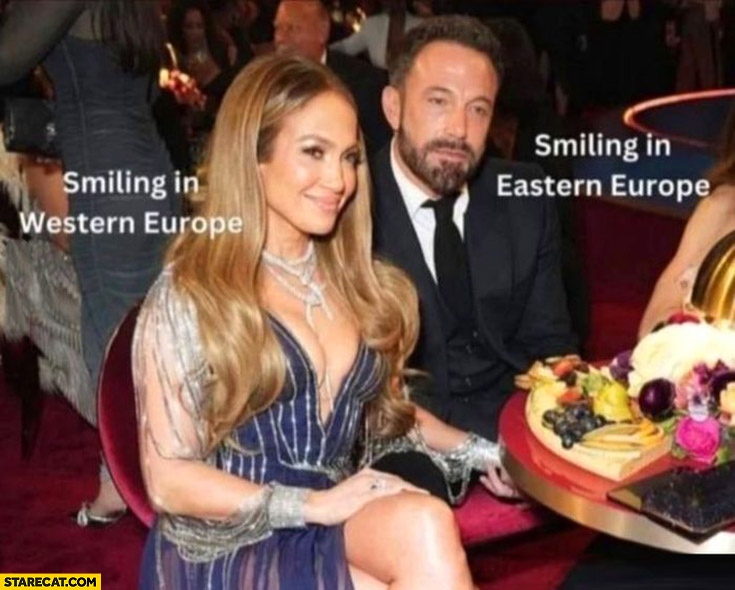 Jennifer Lopez smiling in Western Europe Ben Affleck smiling in Eastern Europe