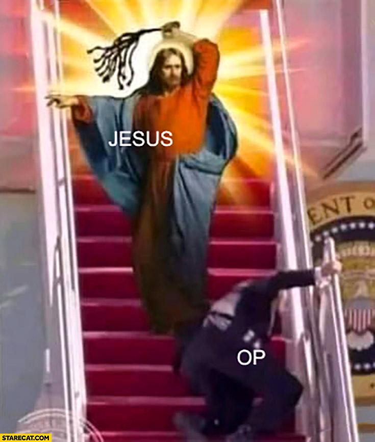 Jesus beating OP Joe Biden collapses when walking up the stairs to airplane
