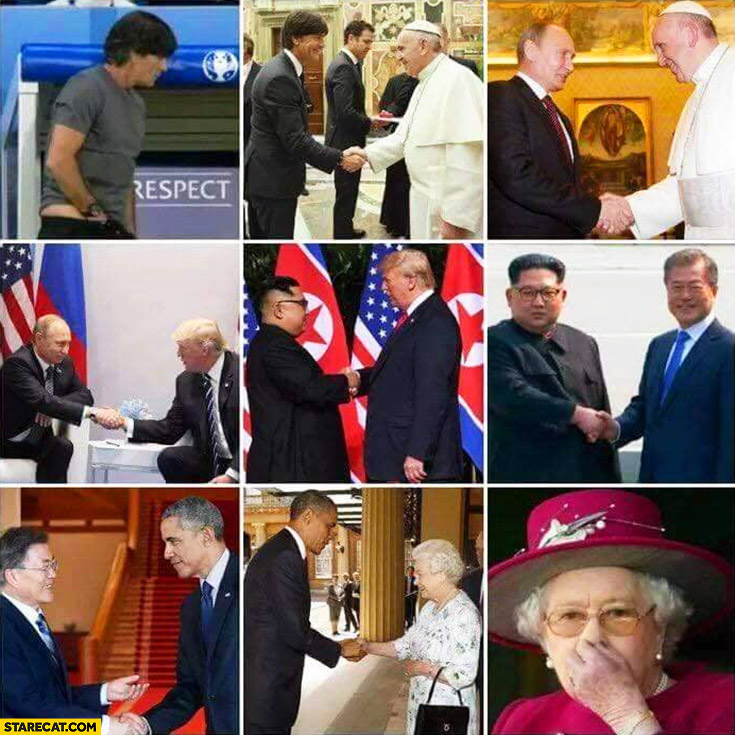 Joachim Loew touching his crotch then shaking hands with Pope, Putin, Trump, Kim Jong Un, Obama, Queen Elizabeth