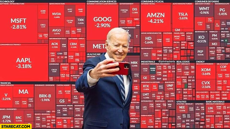 Joe Biden selfie USA stock market all in red