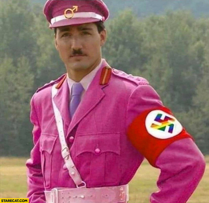 Justin Trudeau photoshopped adolf hitler in pink nazi uniform