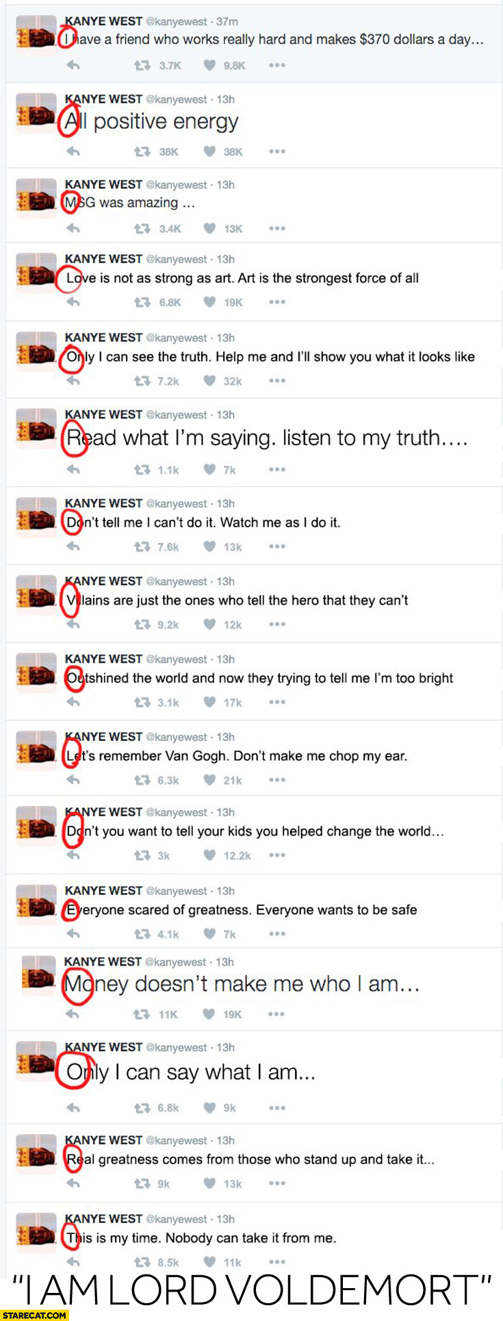 Kanye West on twitter “I am Lord Voldemort” first letters of tweets