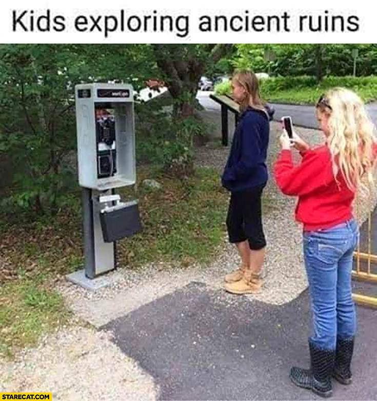 Kids exploring ancient ruins phone booth