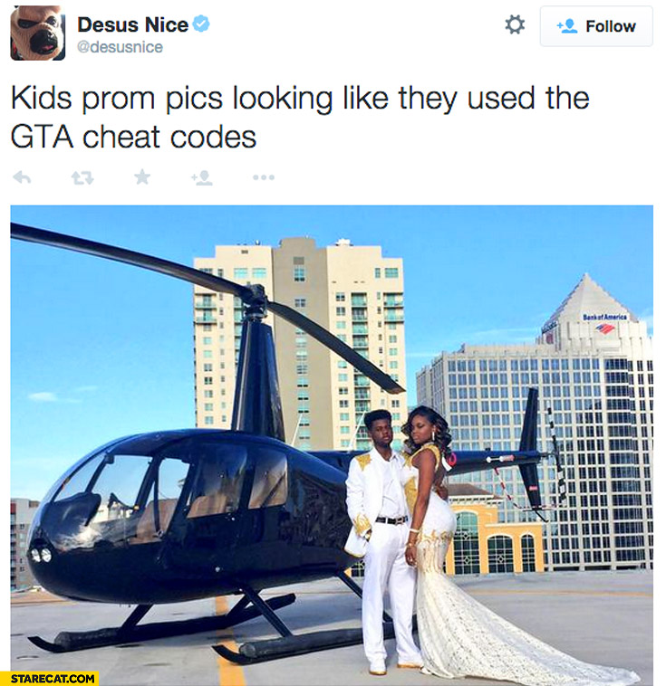Kids prom pics looking like they used the GTA cheat codes helicopter rooftop
