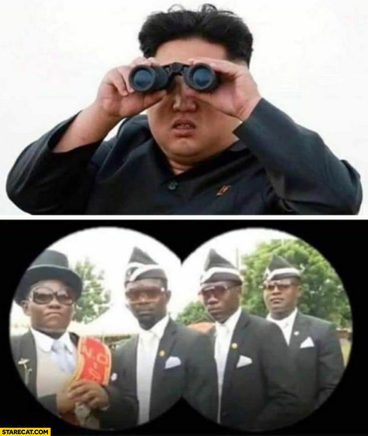 Kim Jong Un looking through binoculars, sees 4 black men funeral