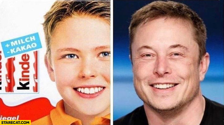 Kinder chocolate package boy on the box looks like young Elon Musk