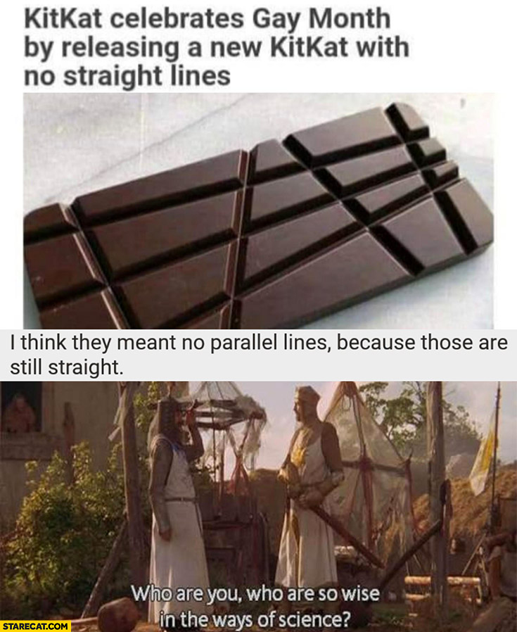 Kitkat celebrates gay month by releasing a new Kitkat with no straight lines, I think they meant no parallell lines because those are still straight
