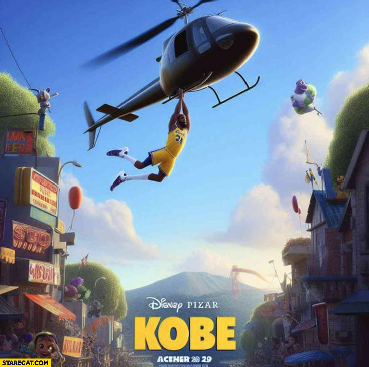 Kobe disney pixar movie basketball player hanging on a helicopter