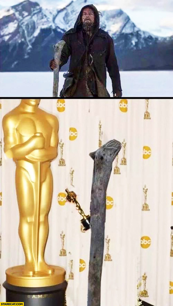 Leonardo DiCaprio and the Oscar goes to wooden stick