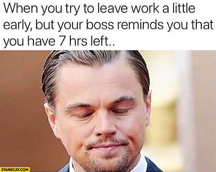 Leonardo DiCaprio when you try to leave work a little early but your boss reminds you that you have 7 hours left