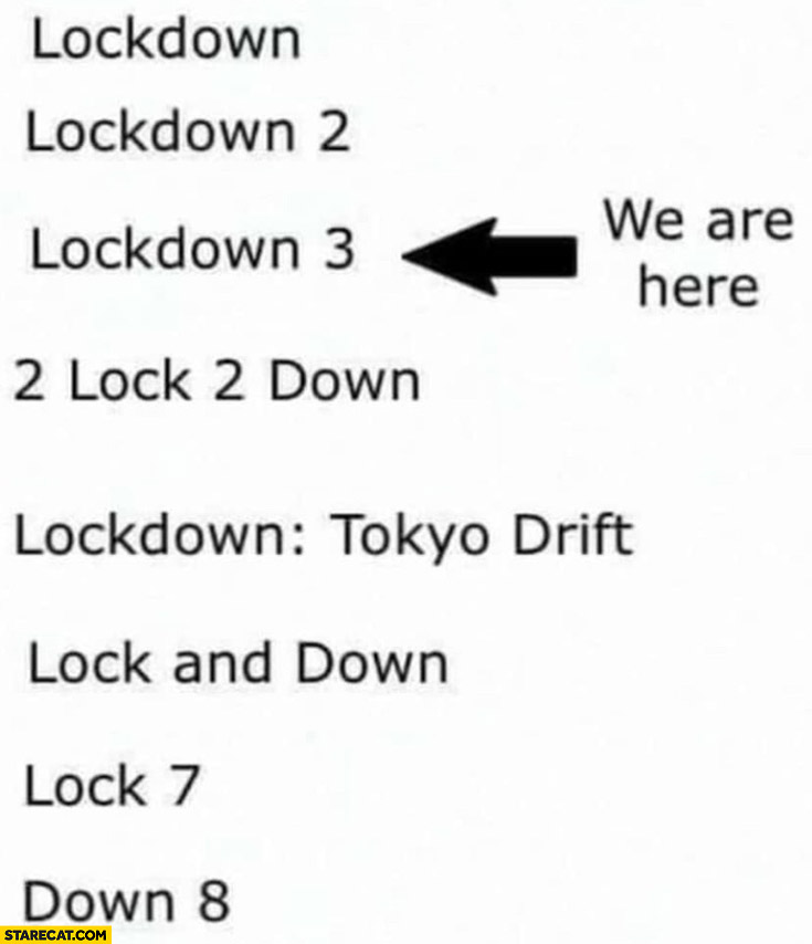 Lockdown editions: 2 lock 2 down, Tokyo Drift, lock and down, we are here