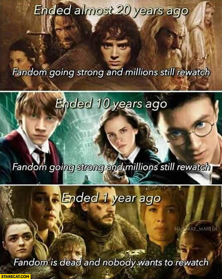 LOTR ended 20 years ago, fandom going strong, Harry Potter ended 10 years ago millions still rewatch, GoT ended 1 year ago fandom is dead
