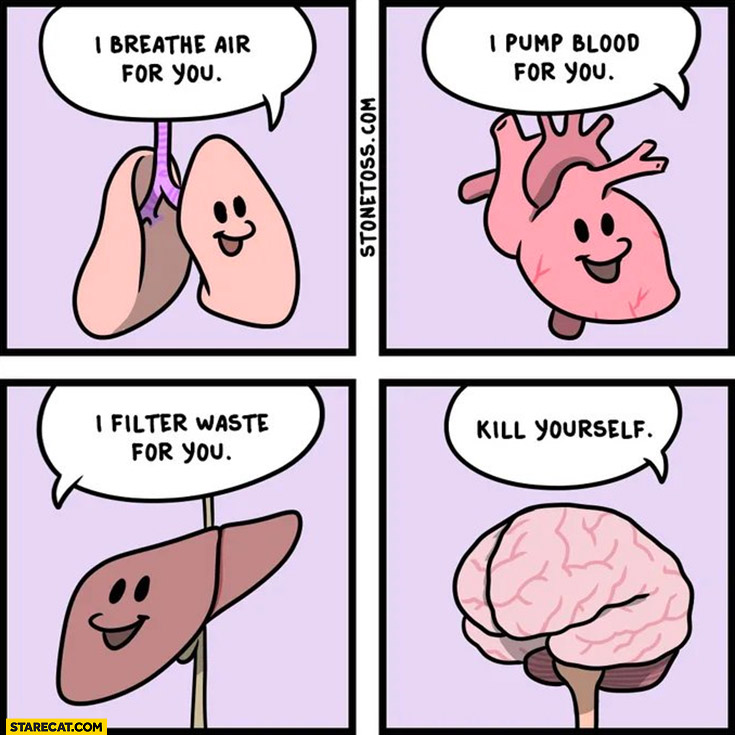 Lungs: I breathe air for you, heart: I pump blood for you, liver: I filter waste for you brain kill yourself