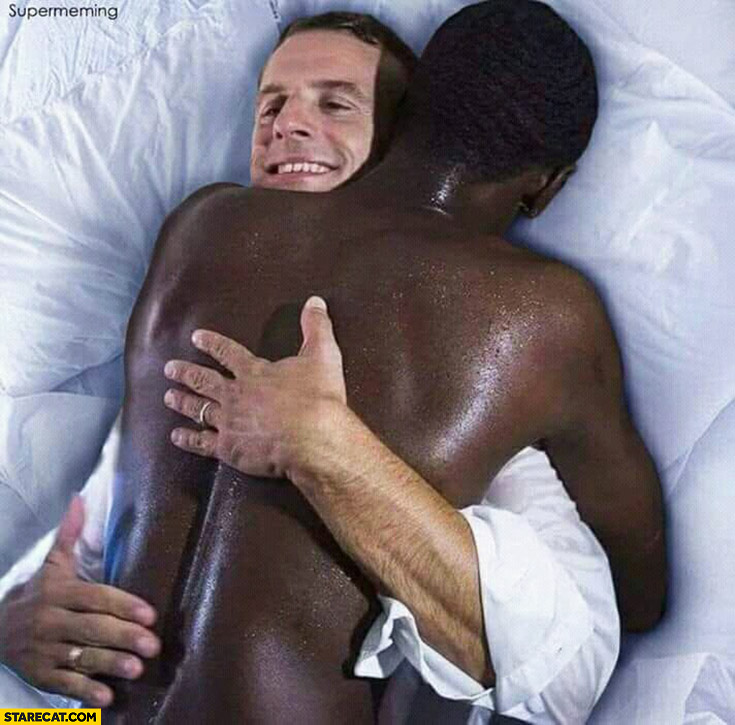 Macron hugging black men in bed photoshopped