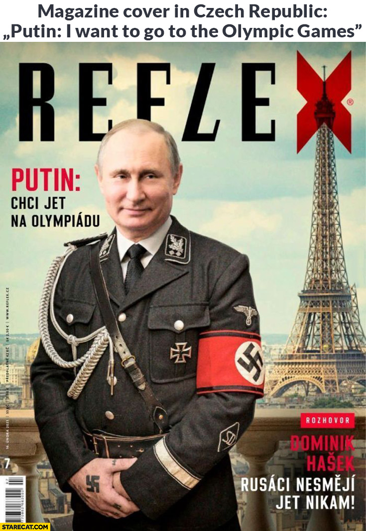 Magazine cover in Czech Republic putin nazi symbols I want to go to the olympics