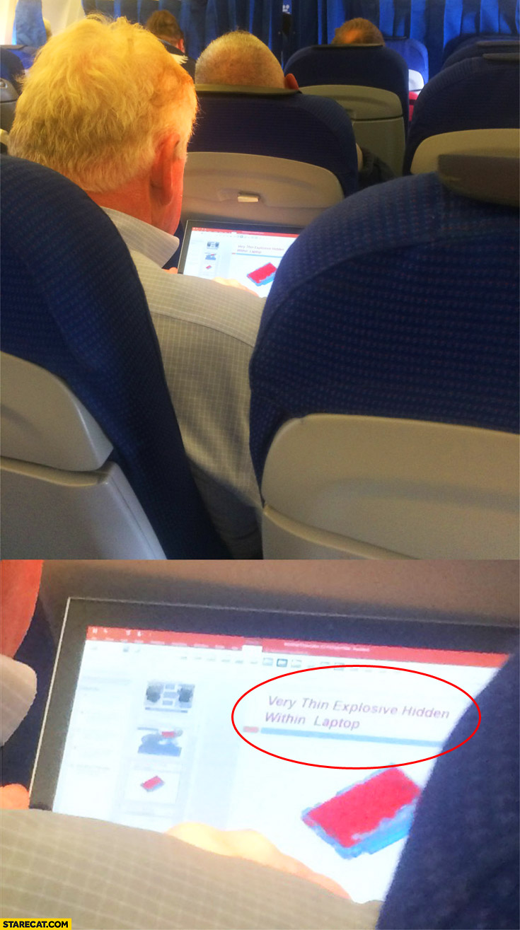 Man reading on a laptop aeroplane very thin explosive hidden within laptop