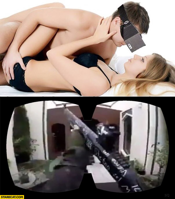 Man with his girlfriend wearing VR virtual reality goggles actually watching New Zeland shooting terrorist attack