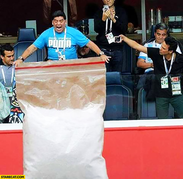 Maradona with huge cocaine bag on football match photoshopped