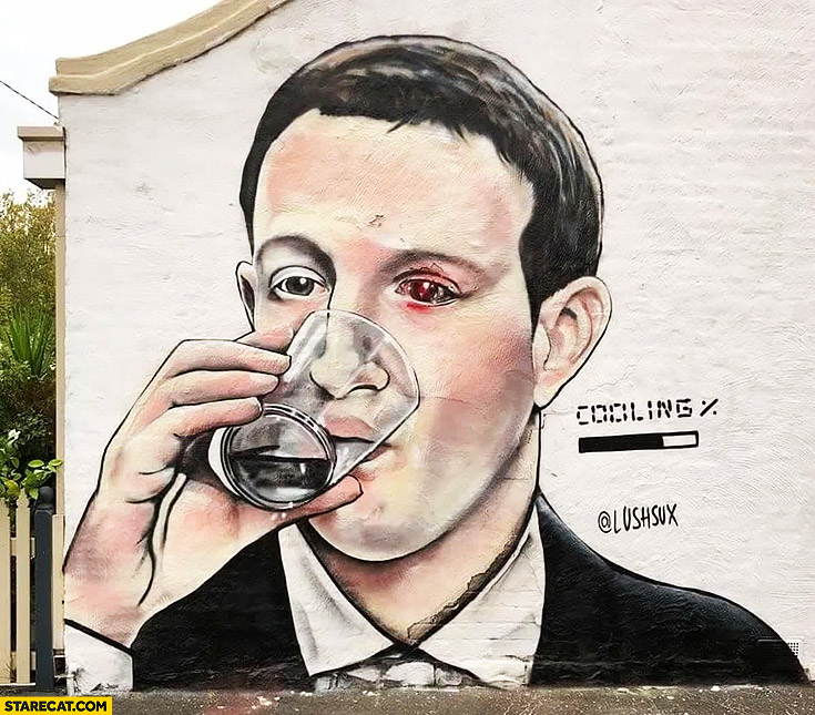 Mark Zuckerberg drinking water cooling progress street art