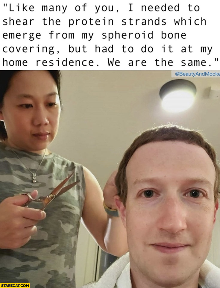 Mark Zuckerberg haircut I needed to shear the protein strands which emerge from my spheroid bone covering but had to do it at my home residence, we are the same