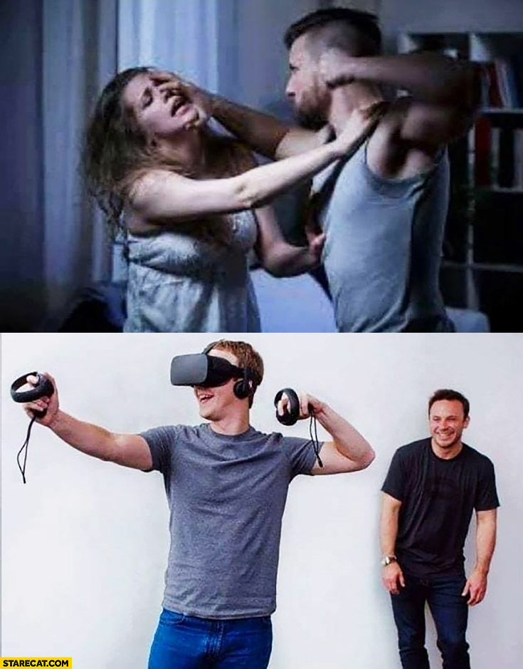 Mark Zuckerberg using virtual reality beating a woman simulator