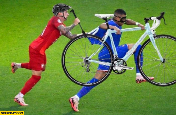 Mbappe stealing a bike bicycle football match photoshopped
