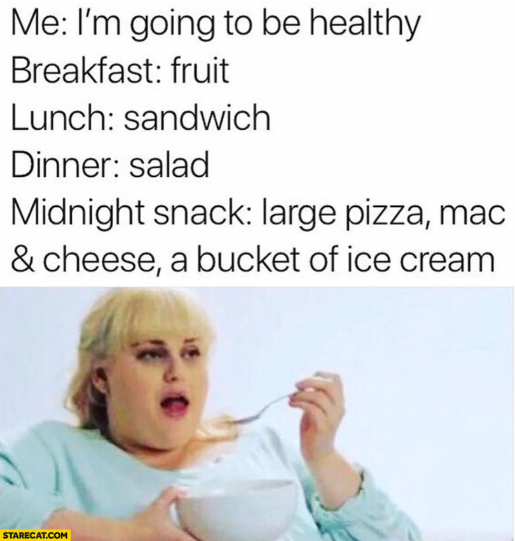 Me: I’m going to be healthy. Breakfast: fruit, lunch: sandwich, dinner: salad, midnight snack: large pizza, mac and cheese, a bucket of ice cream