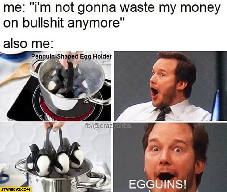 Me: I’m not gonna waste my money on bullshit anymore, also me: penguin shaped egg holder egguins