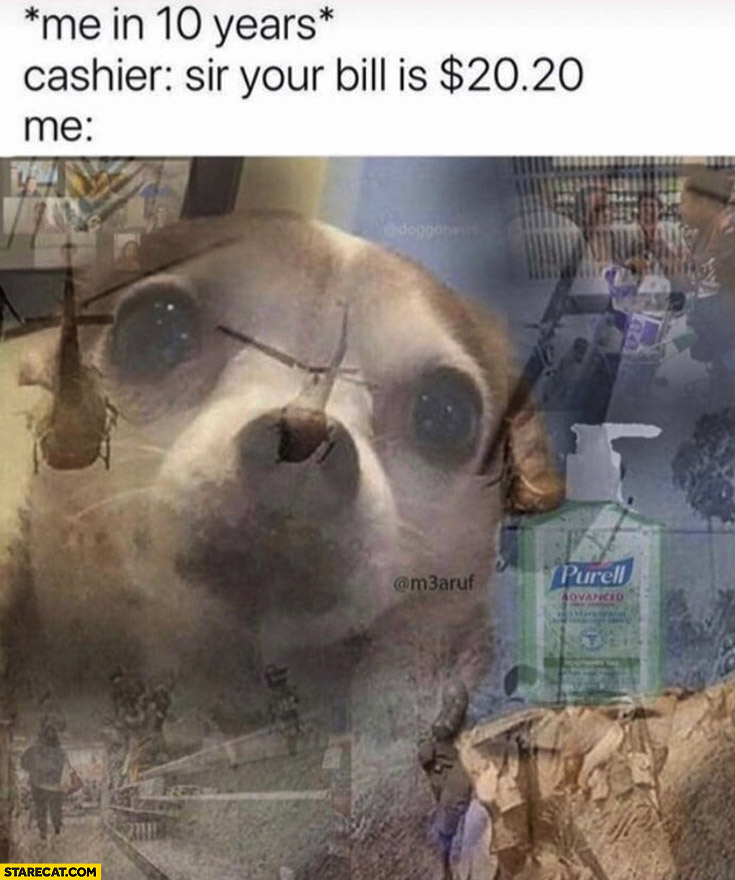 Me in 10 years, cashier: your bill is $20.20 dollars, me: flashbacks from coronavirus memes dog
