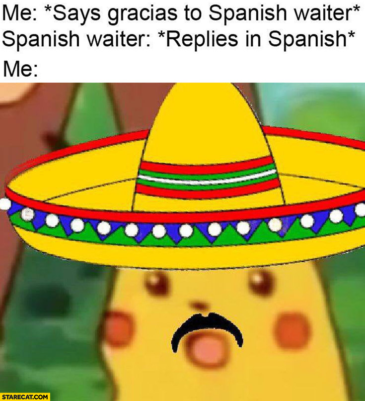 Me: *says gracias to Spanish waiter* he replies in Spanish, me confused Pikachu meme