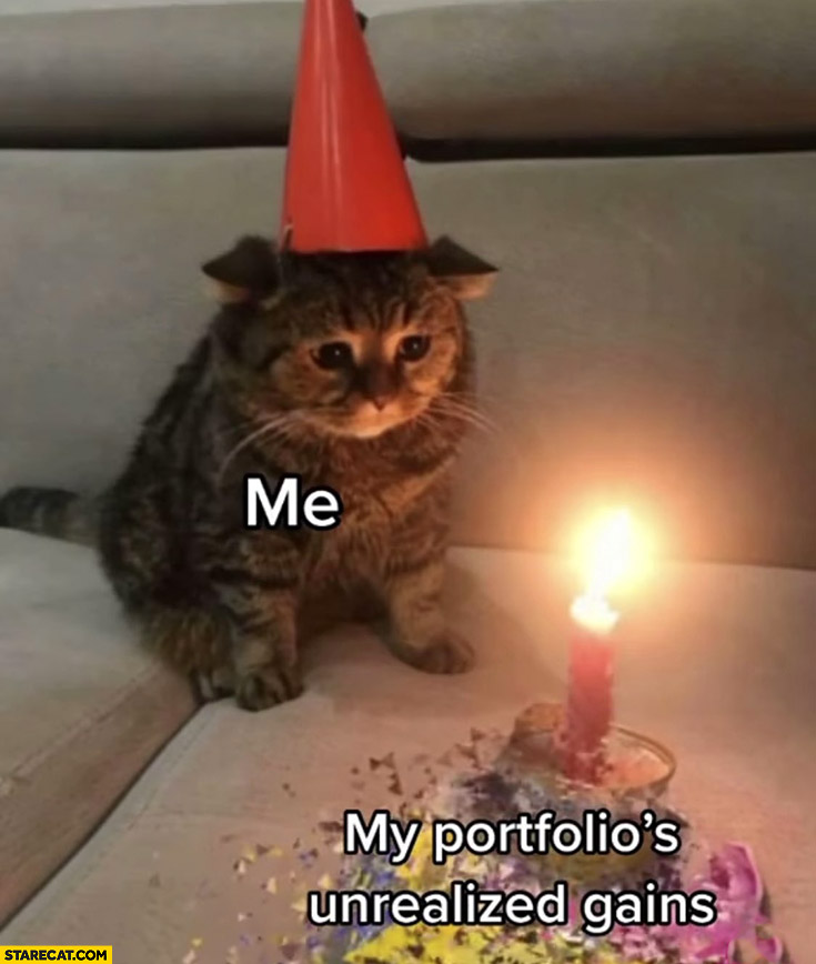 Me vs my portfolio unrealized gains cat birthday cake